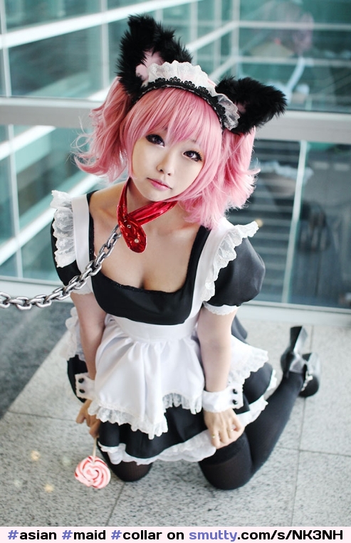 #asian #maid #collar #collared #leash #leashed #pinkhair #stockings #eyecontact