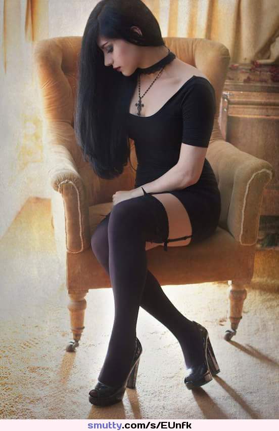 #stockings #dressedinblack #necklace #gothic #stockings #heels #pale #nn #darkhair #mistress