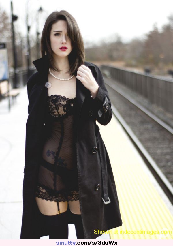 #OpenCoat #lingerie #public #station #railtrack #brunette