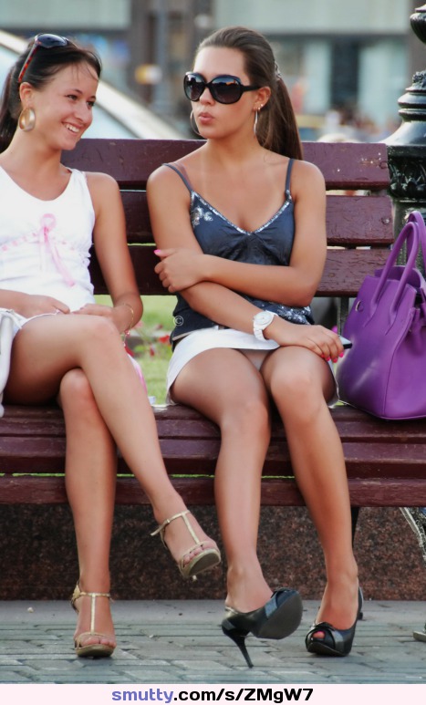 #street #bench #upskirt #miniskirt #panties #sexy #legs #heels #sunglasses #brunettes