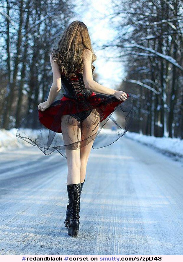 #redandblack #corset #winter #road #boots #frombehind