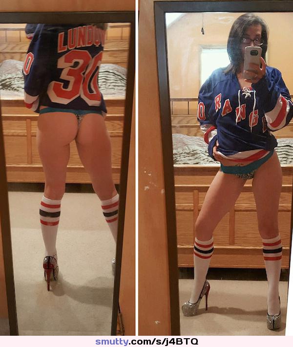 #sexy #selfie #selfshot #hockey #hockeyjersey #nhl #rangers #panties #thong #socks #heels #ass