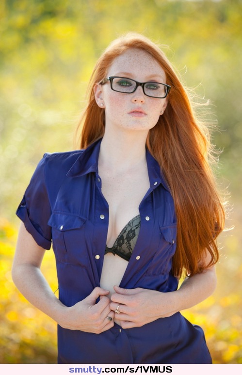 #redhead #redhair #ginger #freckles #paleskin #glasses #nerdy #openingshirt #blackbra #lacebra #sexy