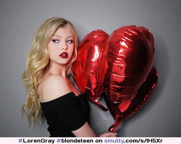 #LorenGray #blondeteen #wavylonghair #prettyeyes #lookingaway #redlips #blackshirt #redballoons #hearts #photoshoot