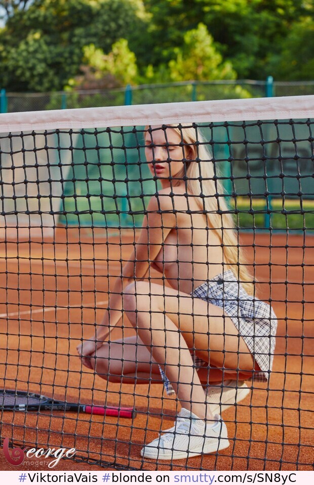 #ViktoriaVais #blonde #russian #model #skinny #topless #sideboob #skirt #cheeky #pantypeek #barelegs #crouched #tennis #GeorgeModels