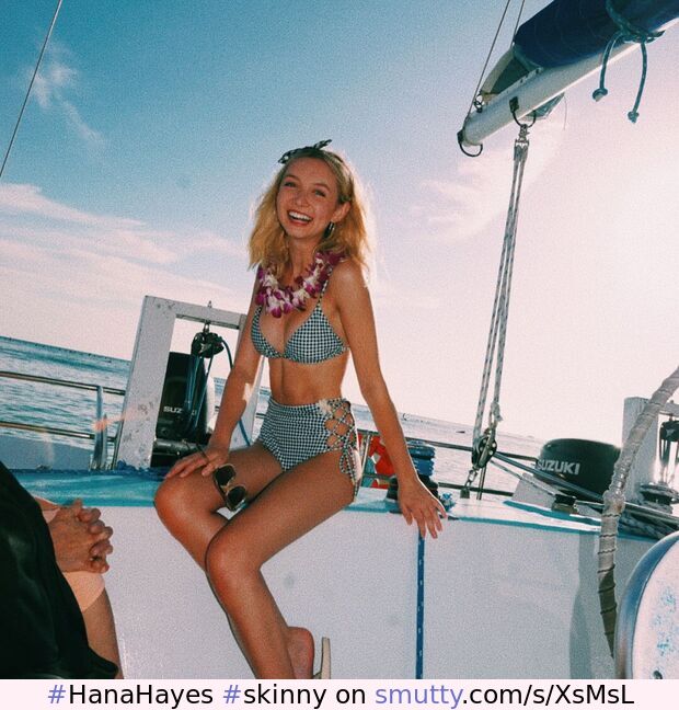 #HanaHayes #skinny #blonde #model #CheckeredBikini #sitting #OnABoat
