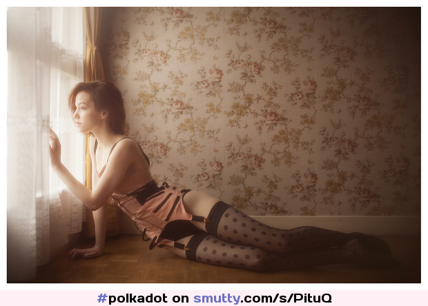 #CorrieLejuwaan by #VivienneMok #window #shorthair #stockings #corset #garterbelt #polkadot