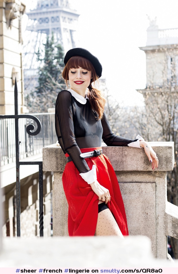 MissLouisePandora #sheer #french #lingerie #street #france #Paris #beret #stockings #redlips #EiffelTower