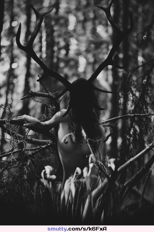 #nude #outdoors #antlers #pagan #BlackAndWhite #breasts