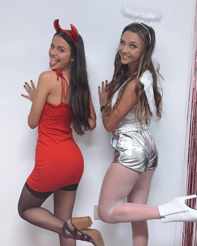 #twogirls #halloween #devilhorns #angel #halo #stockingtops #fancydress
