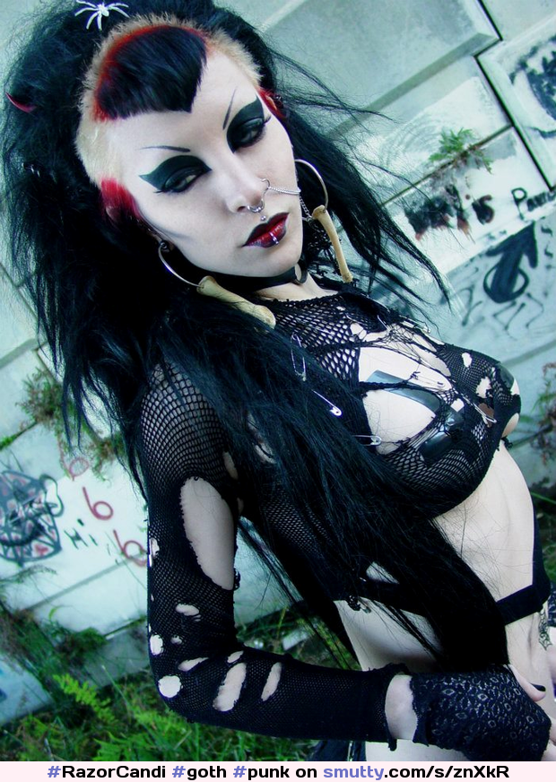 #RazorCandi #goth #punk #deathrock #pale #tattooed #pierced #fishnets #gloves #ductape #tits #outdoors #Graffiti #makeup