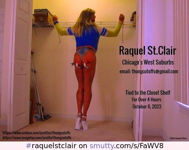 #raquelstclair
#bondage
#assclamps
#closet
#blonde
#tanned
#denimthong
#thongcutoffs
#microshorts
#highheels
#ballgag