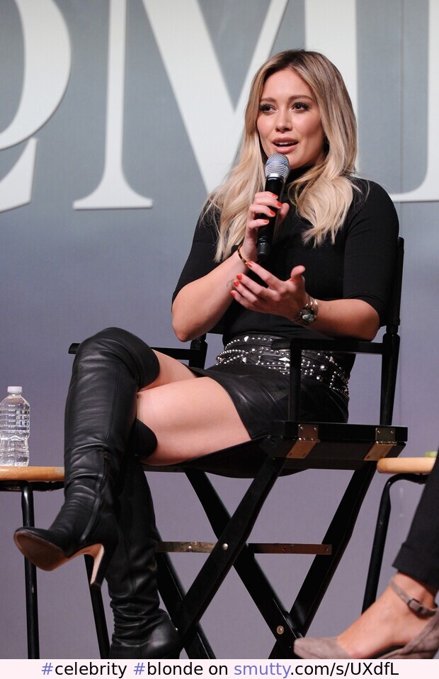 Hilary Duff in leather and boots #celebrity #blonde #leather #skirt #thighhighboots #highheels